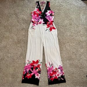 Venus Floral Jumpsuit Womens Size XL Wide Leg Sleeveless V-neck Tropical Hawaii